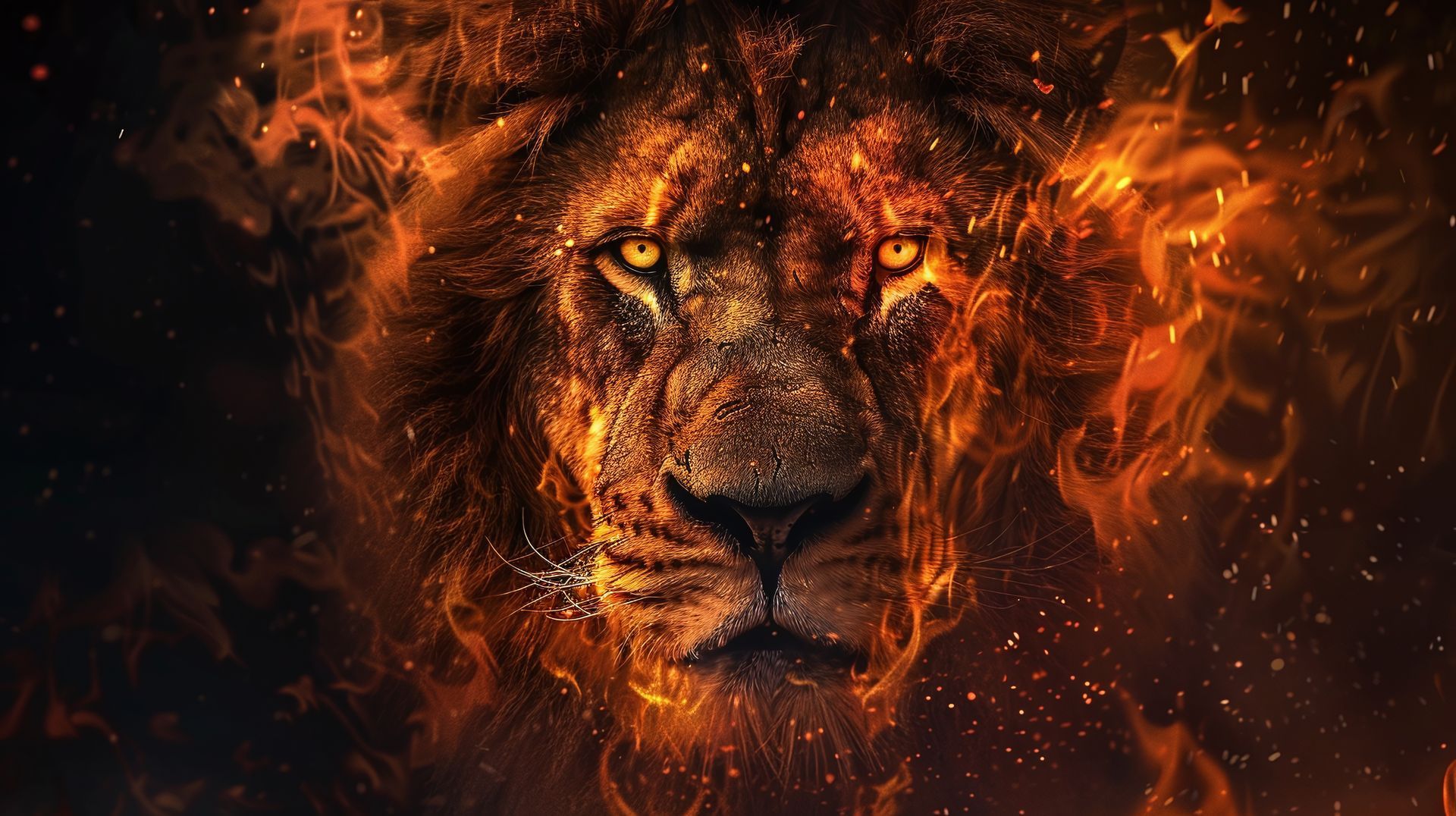Fiery lion's head with glowing orange eyes and mane surrounded by flames and embers.