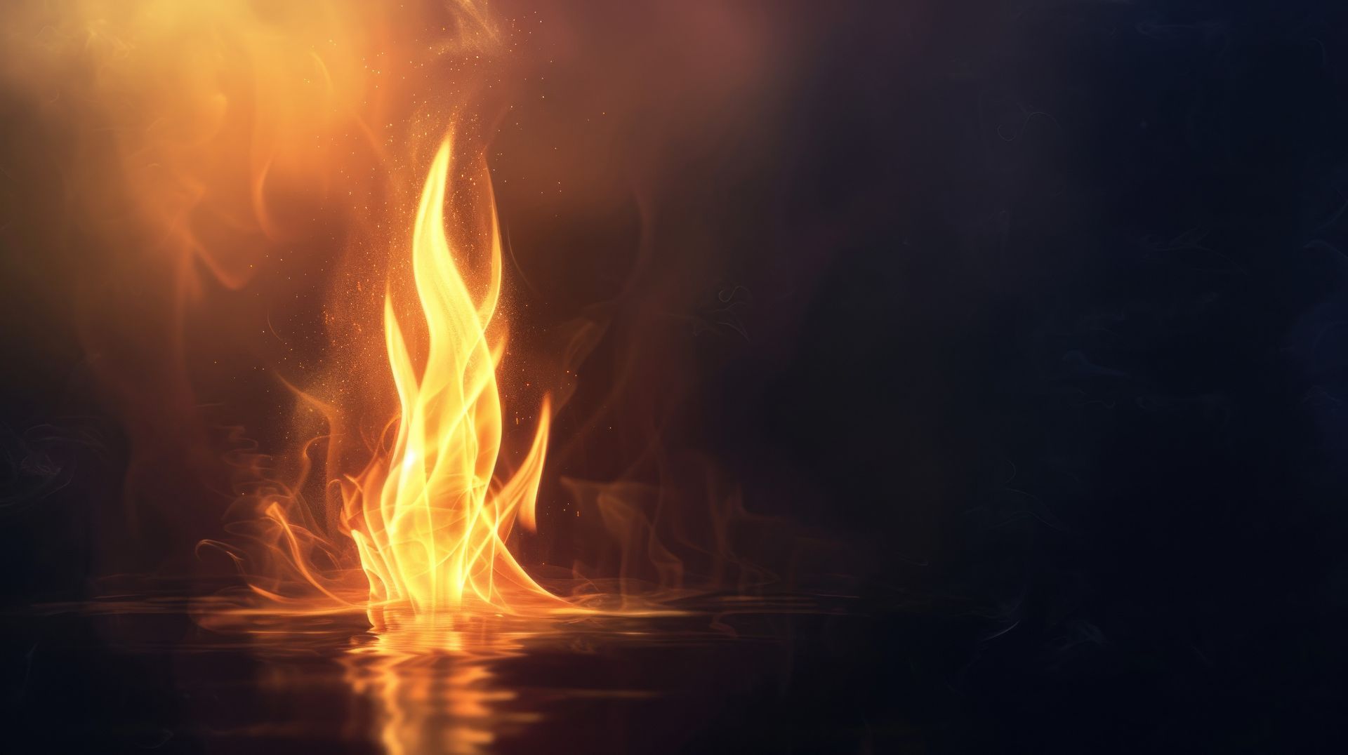 Fiery flames rising from a reflective surface, with an orange-yellow glow against a dark background.