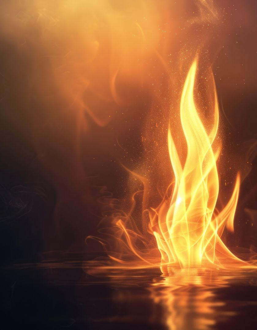 Fire flames rising from a reflective surface, with warm orange and yellow hues.