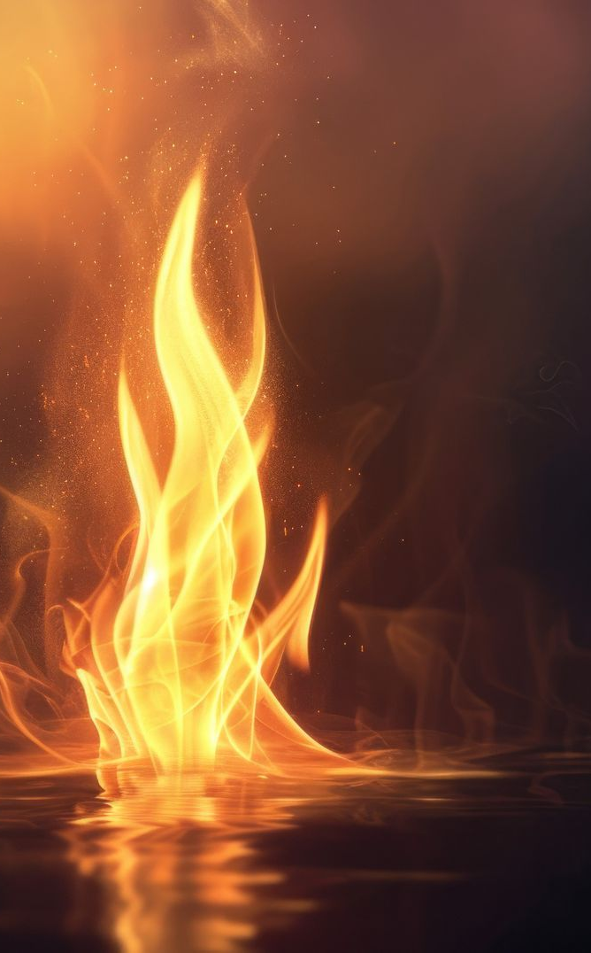Glowing orange flames rising from a reflective surface, with a dark, smoky background.