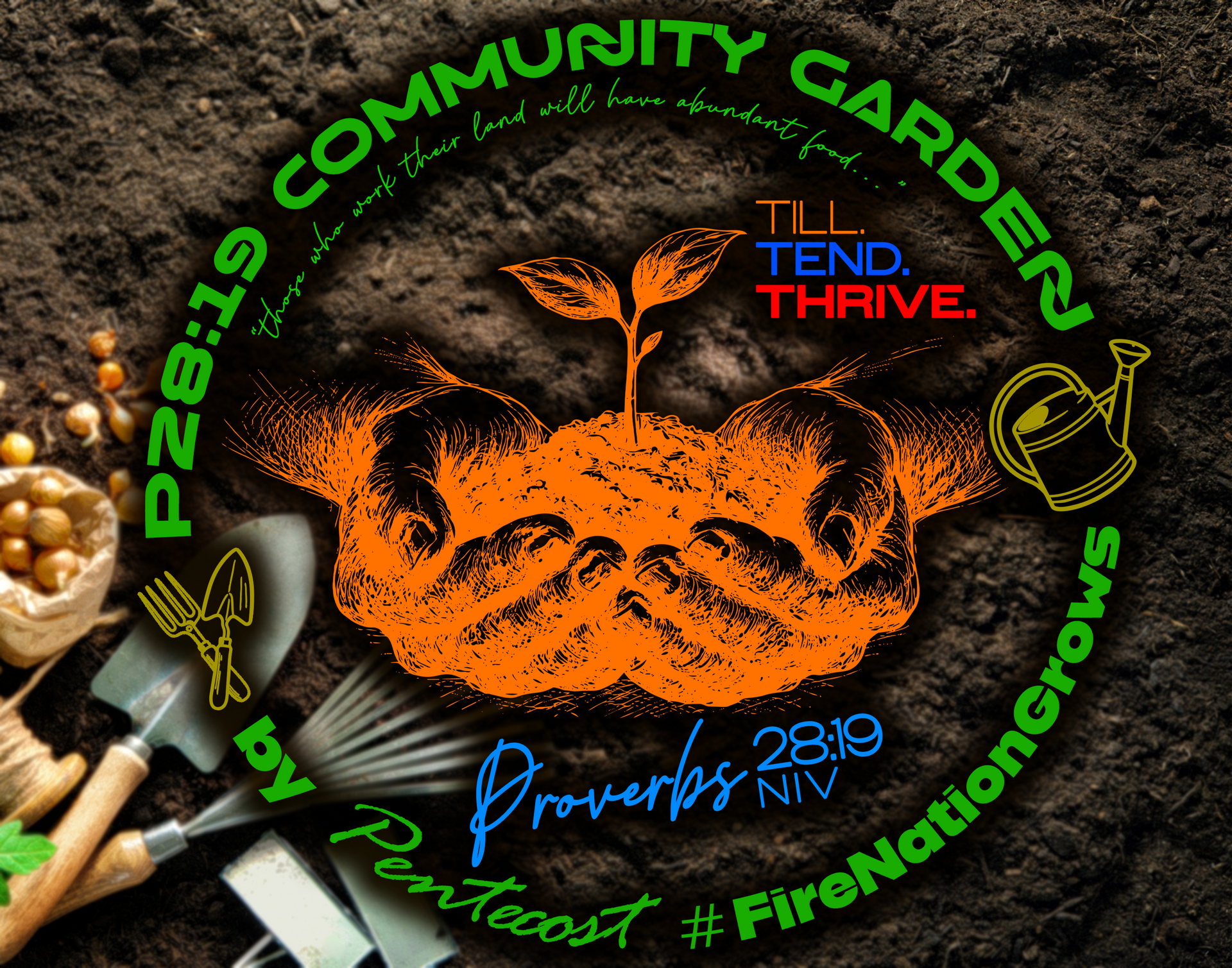 Pz28.9 community garden logo with orange pumpkin, green text, and “TEND. THRIVE.” motto