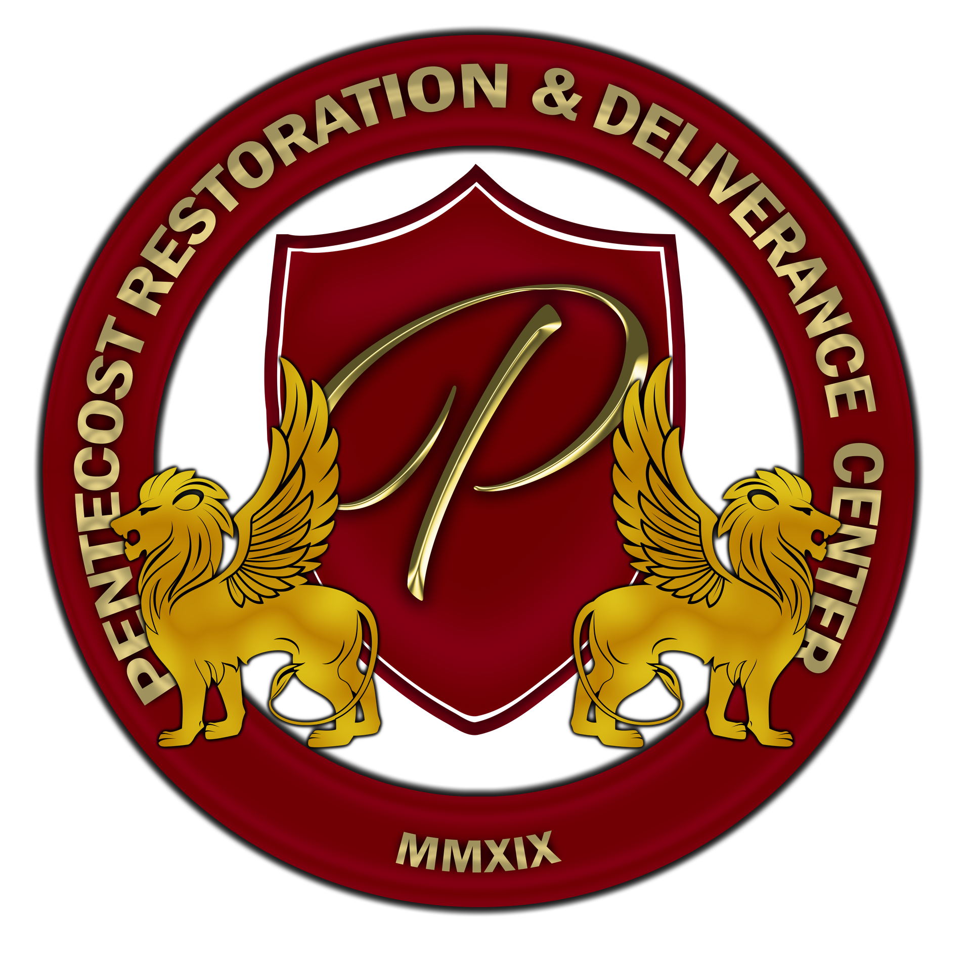 Maroon and gold crest logo for a debt restoration and deliverance center with winged lions and shield.