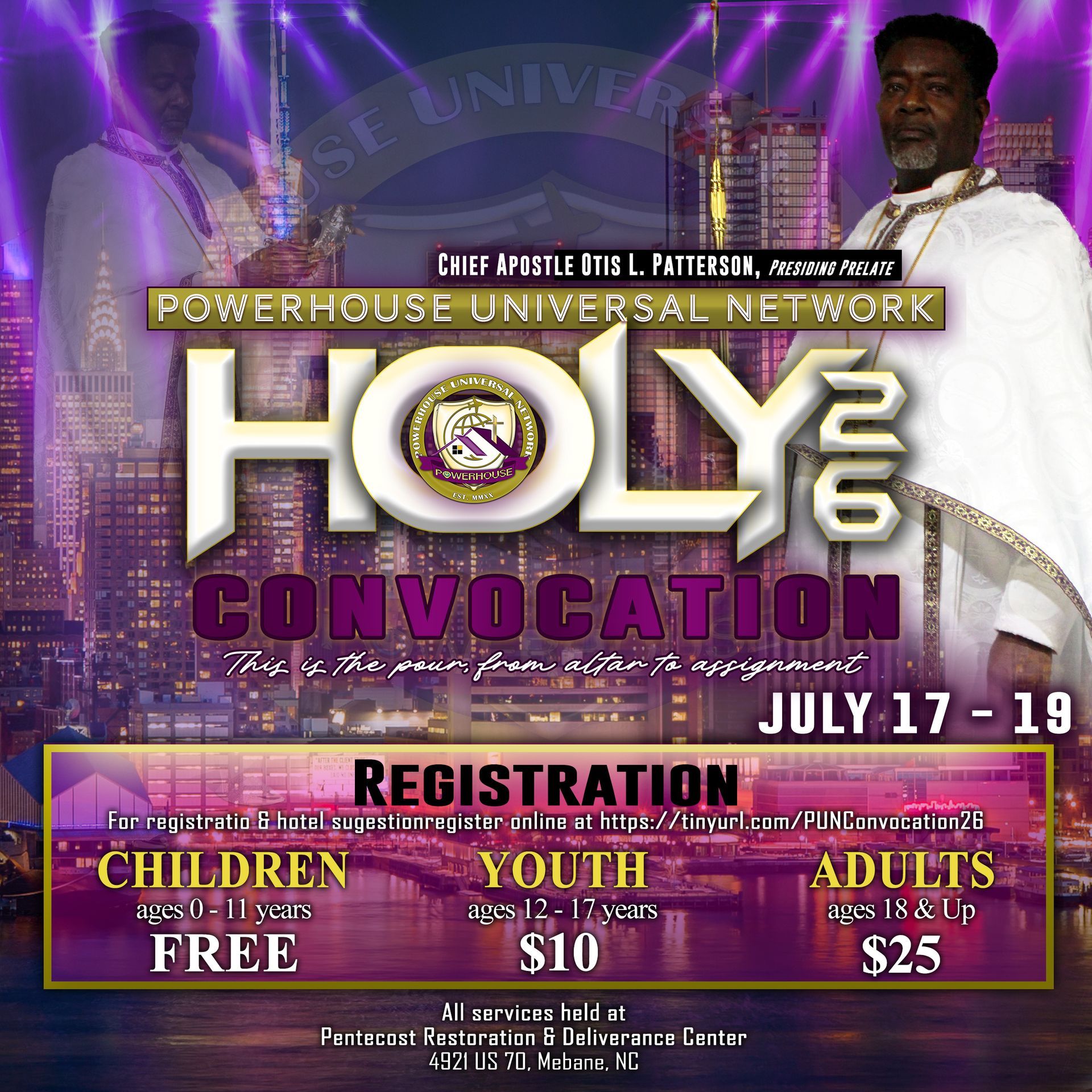 Purple church flyer for Holy Convocation, July 17–19, with registration prices for children, youth, and adults.