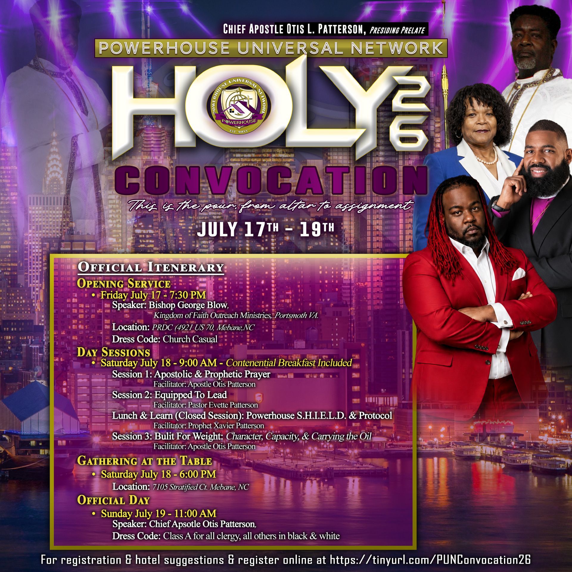 Flyer for "Holy Convocation" with purple city skyline and several featured speakers, July 17–19