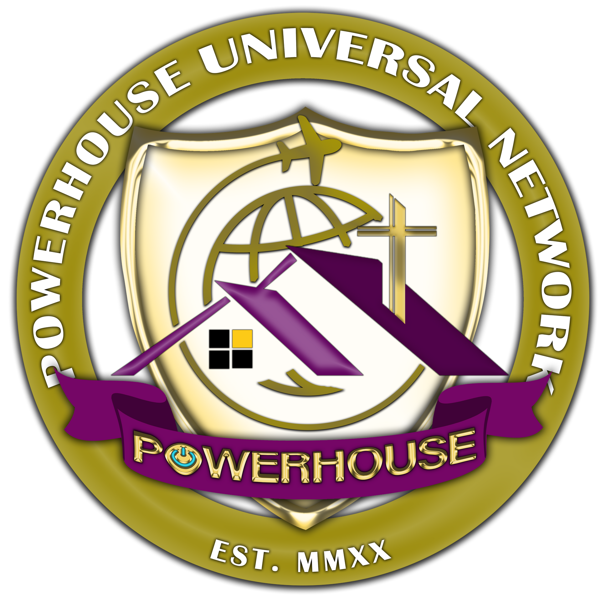 Gold circular Powerhouse Universal Network logo with purple house and globe, “EST. MMXX” text