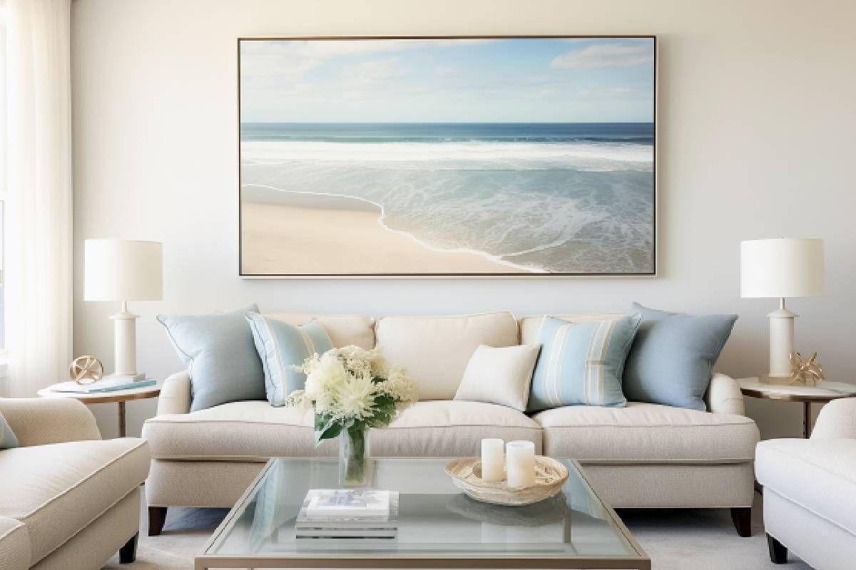 Bright living room with light-colored furniture painted in light neutral colors