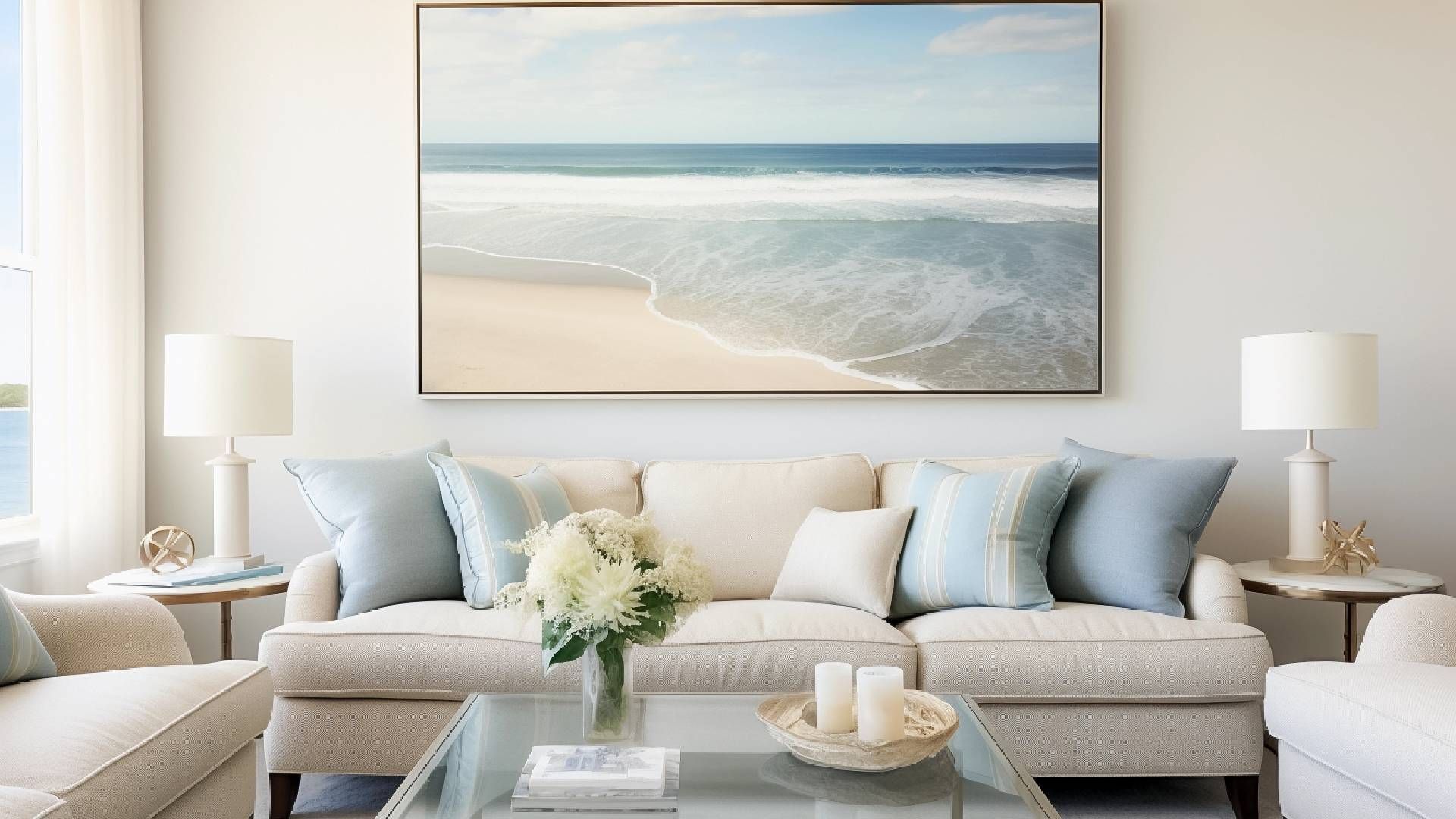 Bright living room with light-colored furniture painted in light neutral colors at The Paint Centers