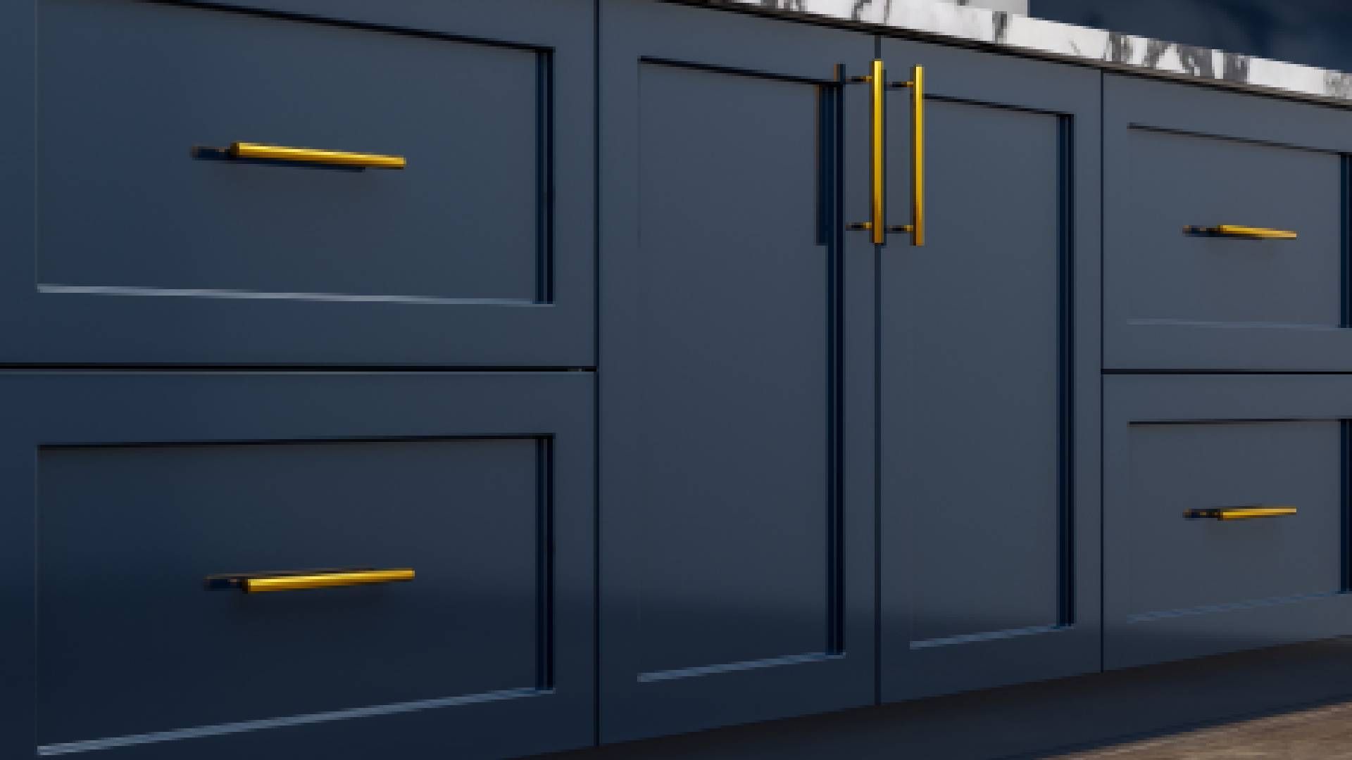 Navy Blue kitchen cabinets with golden metal handles and accents