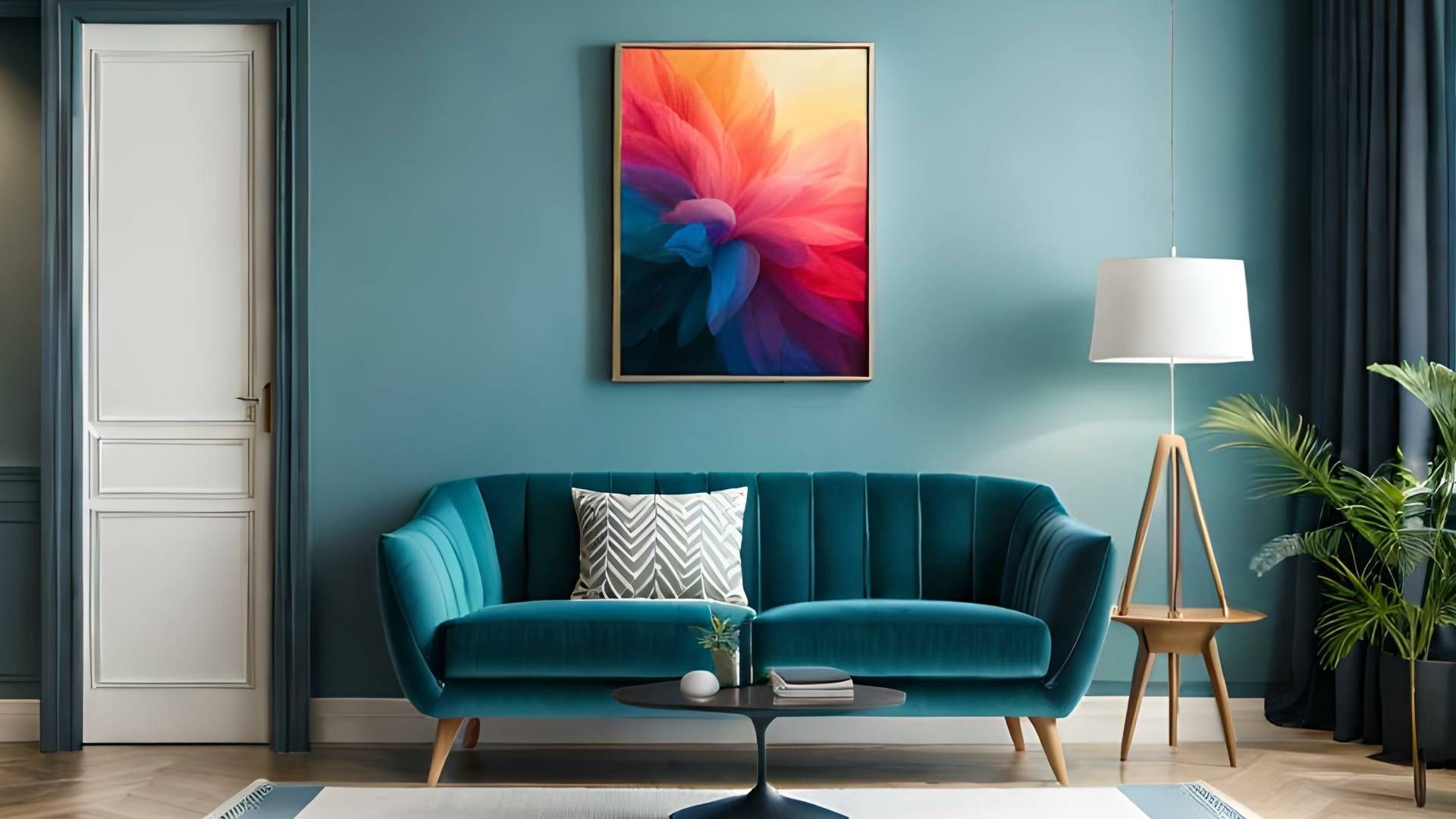 Modern home interior with teal accent wall and matching couch