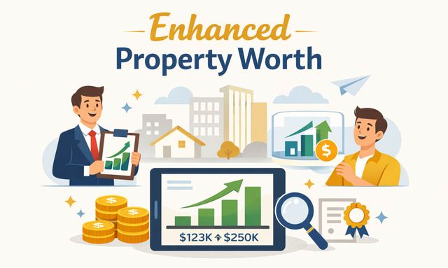 Enhanced property worth with charts, houses, coins, and two people analyzing growth on a white background
