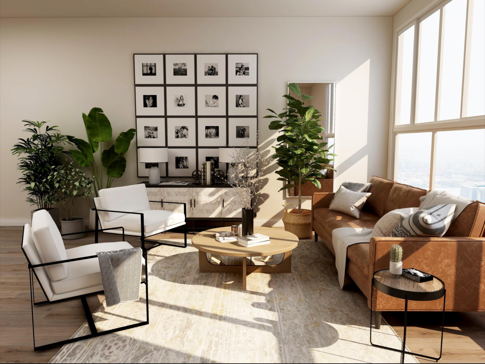 Bright living room with beige sofa, white chairs, plants, and gallery wall in sunlight