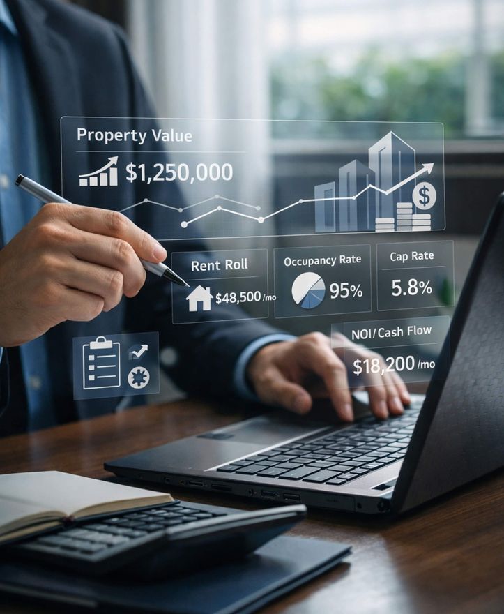 Hand with pen using laptop at desk; finance analytics overlays show property value, rent, and growth metrics.