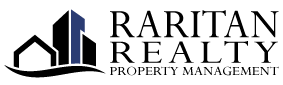 Raritan Realty Property Management logo with stylized black and blue buildings and house roof icon