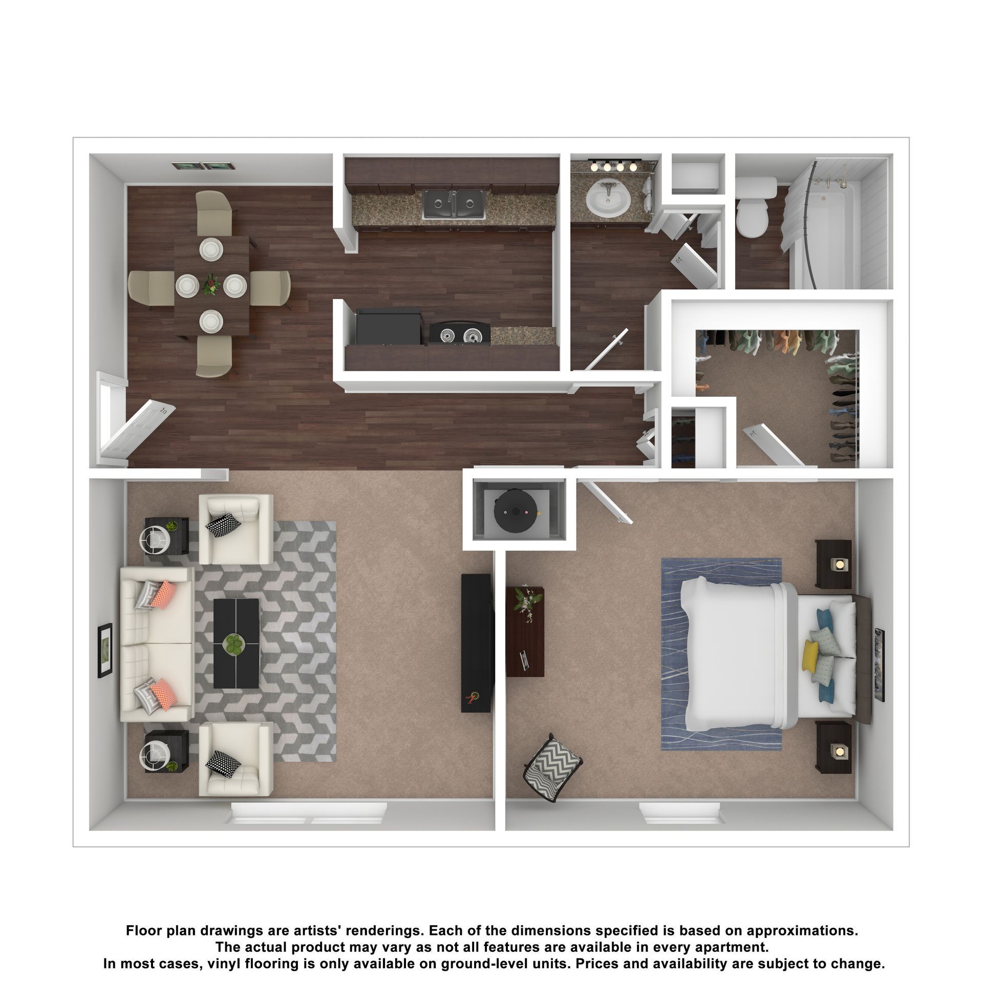 A top-down floor plan of a one-bedroom apartment featuring a kitchen, dining area, living room, bathroom, and walk-in closet.