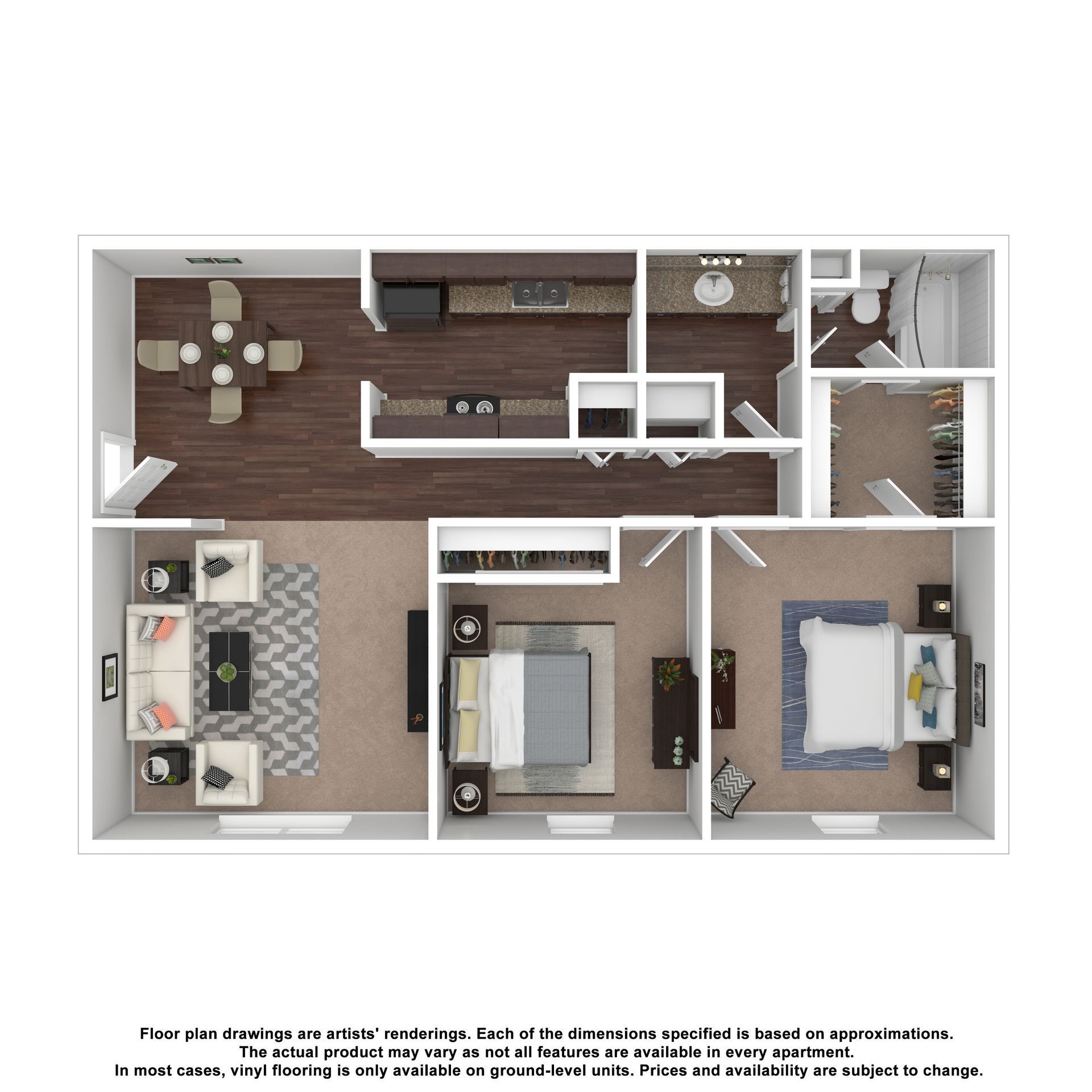 Floor plan of a two-bedroom, one-bathroom apartment with an open living area, dining space, and kitchen.