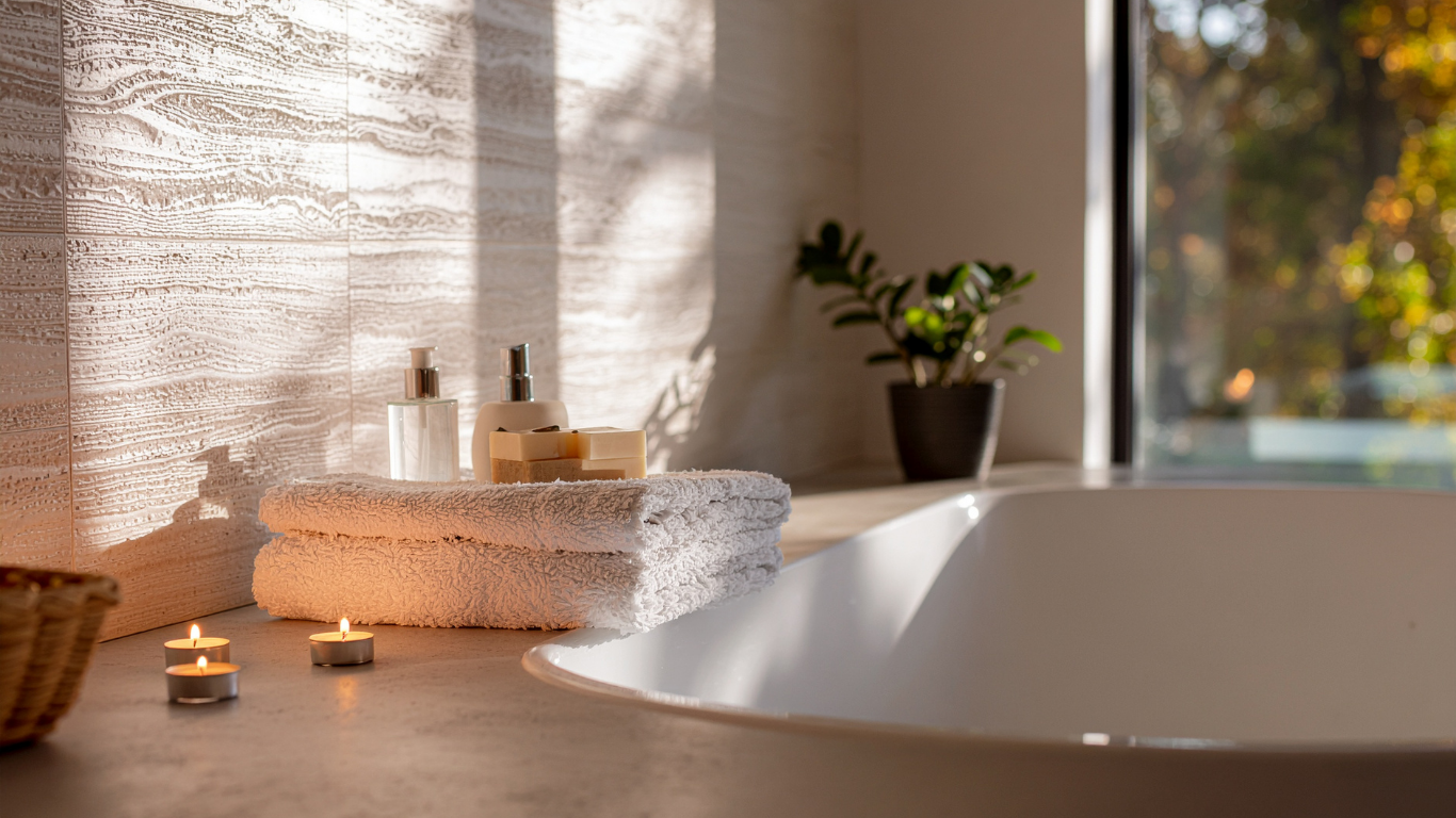 A modern bathroom features a white tub, stacked white towels, toiletries, and lit candles in soft, natural sunlight.