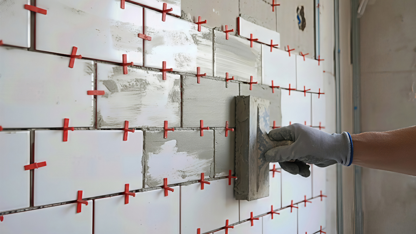 A person wearing a glove uses a grout float to apply mortar between white rectangular wall tiles with red plastic spacers.