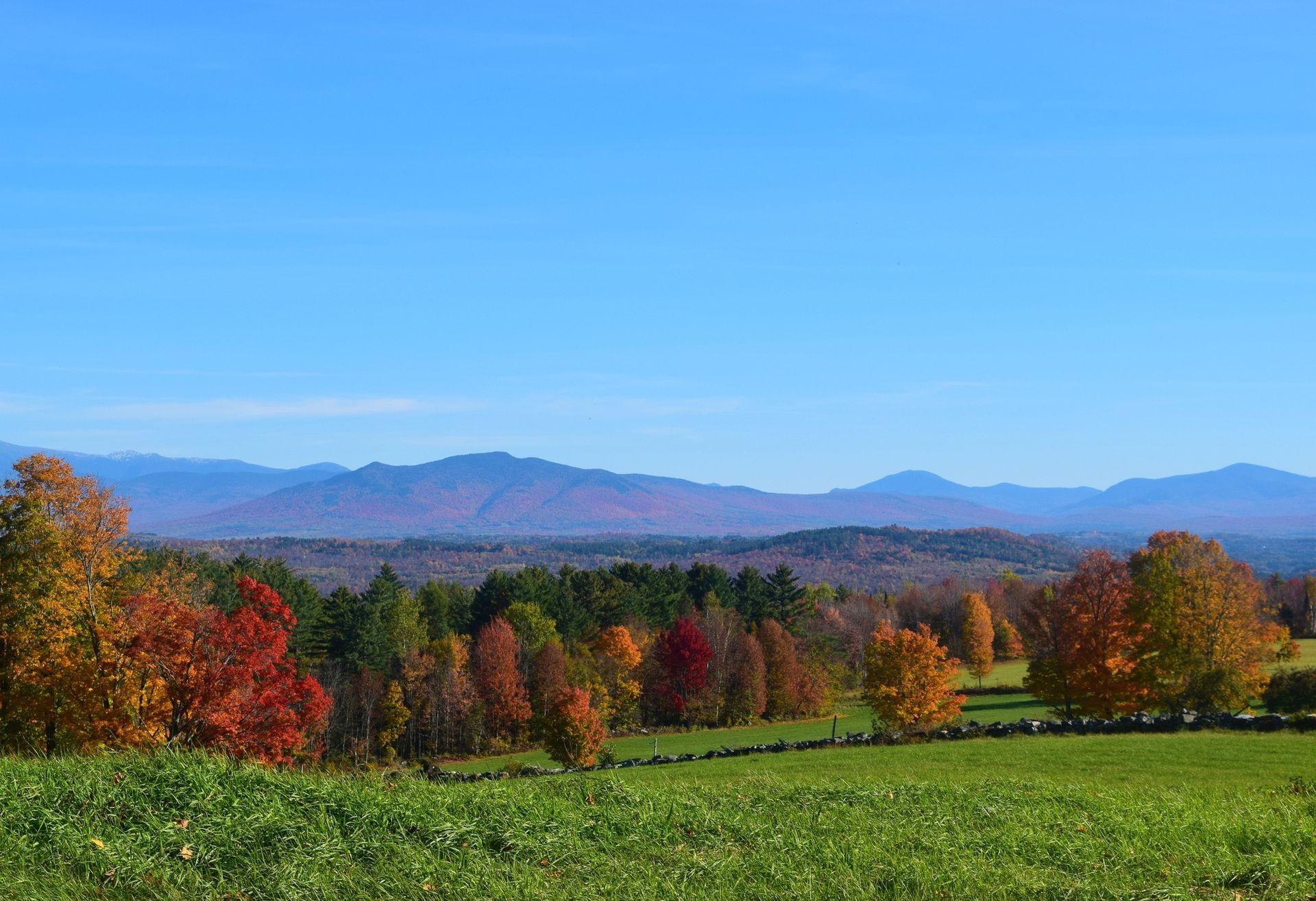 Grass fields over looking a trees and the white mountain range in NH in Autumn