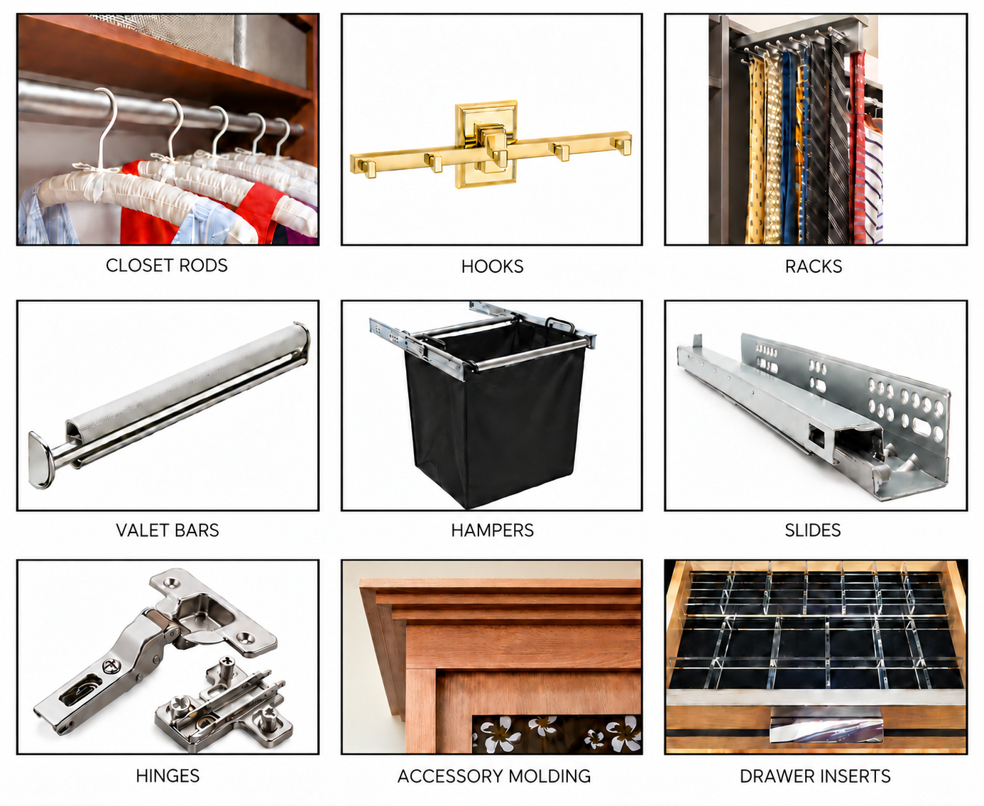 Collage of cabinet hardware: closet rods, hooks, pulls, slides, hinges, moldings and drawer inserts.