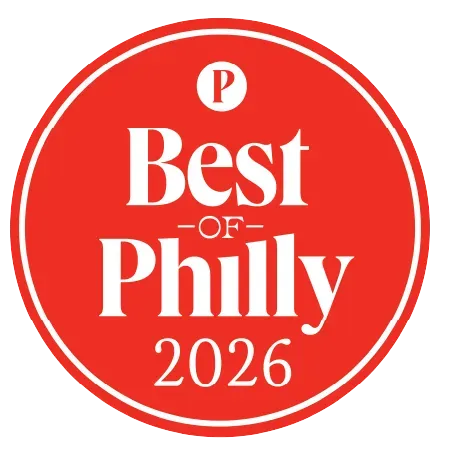 Red circular “Best of Philly 2026” badge with white text and a small “P” at the top