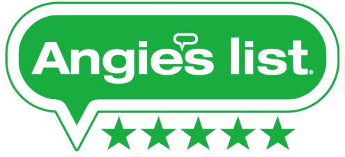 The angie 's list logo is a green speech bubble with five stars.