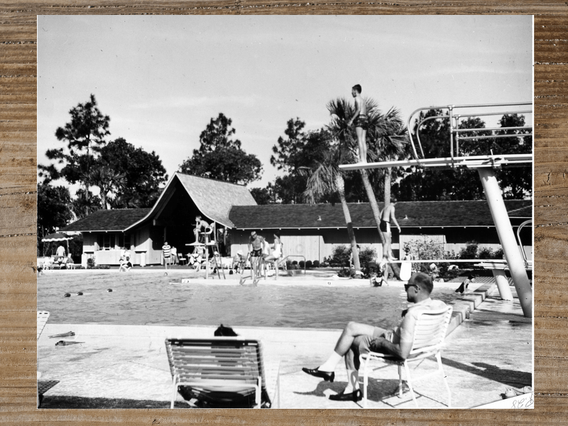 Swimming pool scene: people lounging, playing games, and diving. Mid-century modern building in background.