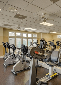 Gym with stationary bikes and elliptical trainers. Window in the background. Ceiling fans and fluorescent lighting.