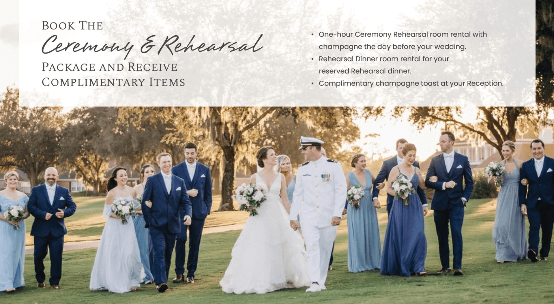 Wedding party walking outdoors in formal attire. Bride and groom in focus, text promotes ceremony package.