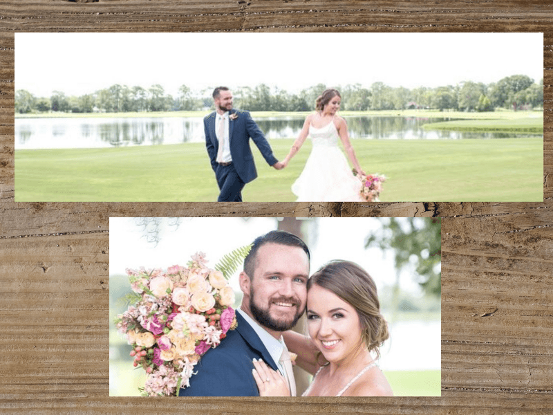 Wedding photos of couple. Top: couple holding hands on golf course. Bottom: close up of couple smiling.