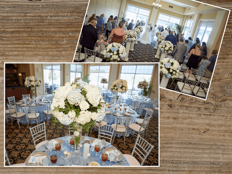 Wedding reception: Round tables set with blue tablecloths, white flowers, and guests in a light-filled room.