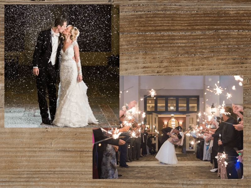 Newlyweds kissing under snow and sparkler sendoff.