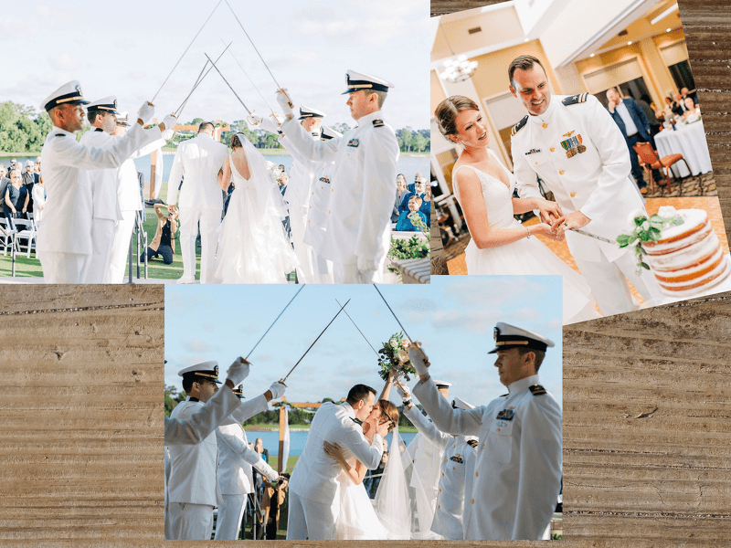 Three images: Naval officers in white uniforms perform sword arches for weddings. One scene is by water, another inside cutting a cake.