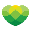 Green and yellow layered heart-shaped logo with overlapping translucent petals