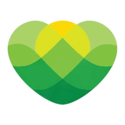 Green and yellow layered heart-shaped logo with overlapping translucent petals