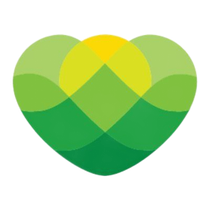 Green and yellow layered heart-shaped logo with overlapping translucent petals
