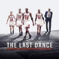 Michael Jordan and Chicago Bulls players walking under the title “The Last Dance”