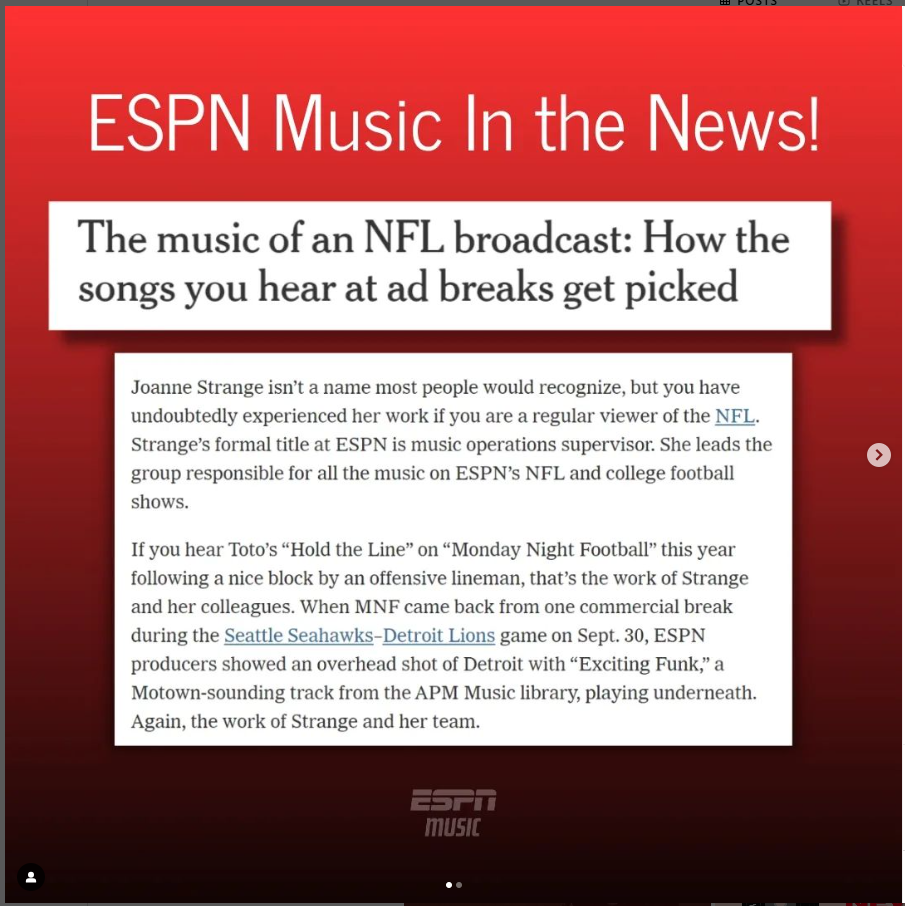 ESPN slide titled “Music In the News!” about NFL broadcast songs, on a red background with white text boxes