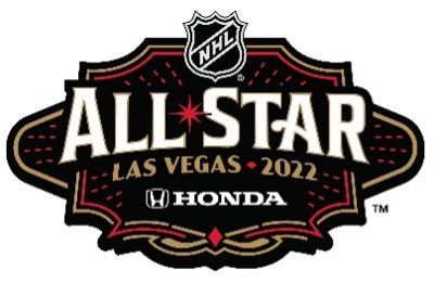 NHL All-Star Las Vegas 2022 Honda logo on black and red shield background