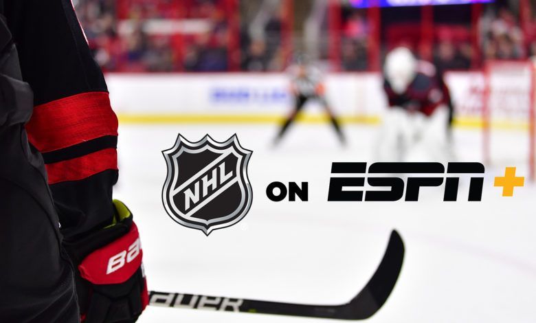NHL on ESPN+ logo over a blurred hockey rink with a player’s black-and-red jersey and stick in the foreground