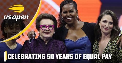 US Open banner with three women and text: “Celebrating 50 Years of Equal Pay”