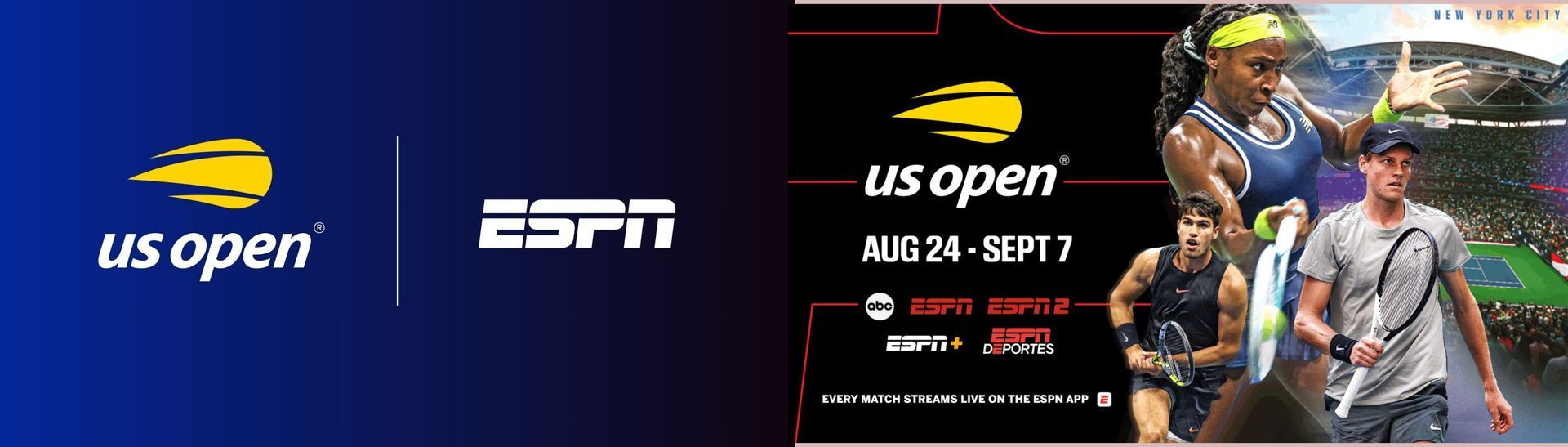 US Open ESPN promo with tennis players, blue background, and match date details on the right.
