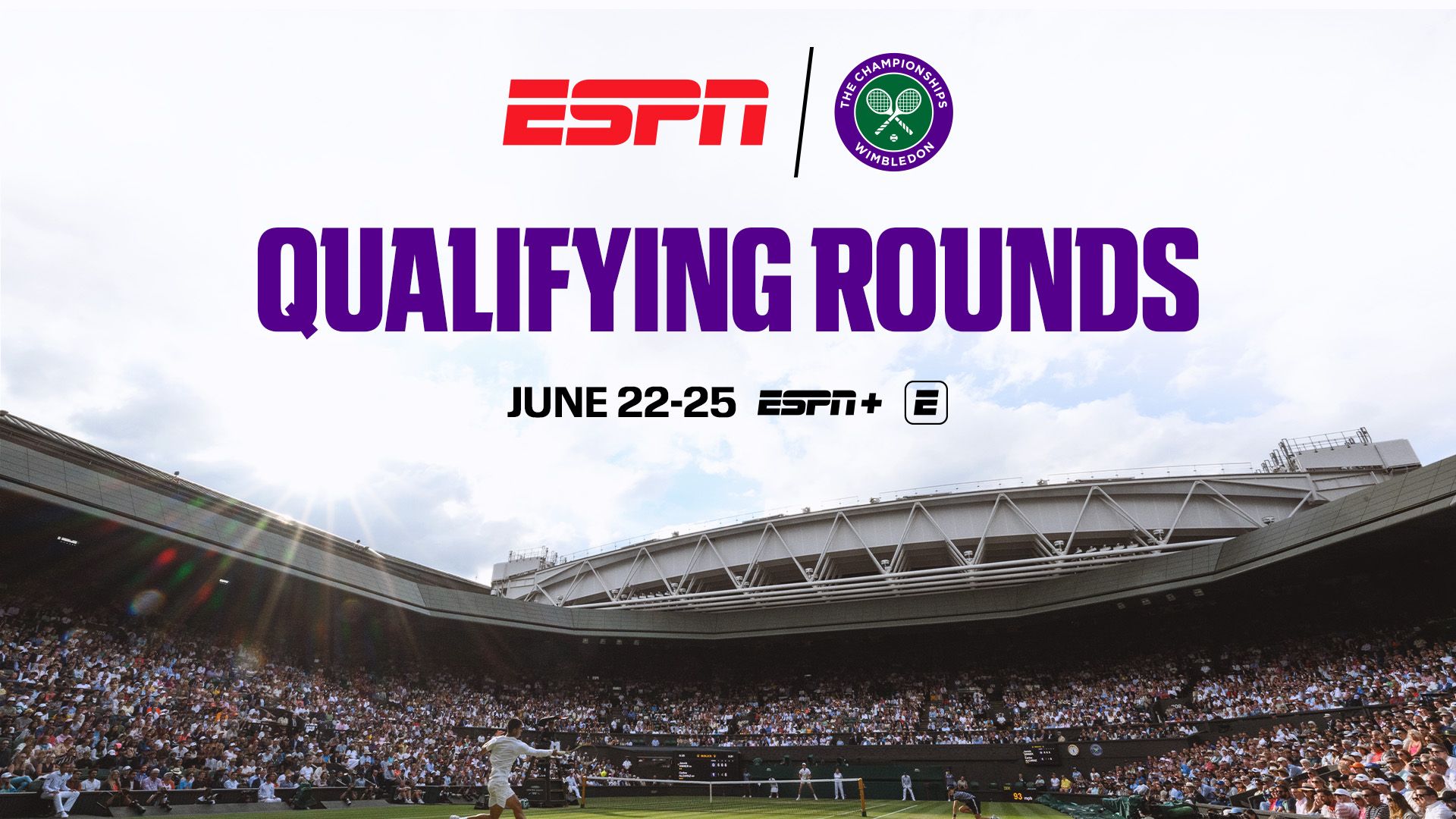 ESPN Qualifying Rounds poster with a stadium crowd and June 22-25 dates on a purple-and-white graphic