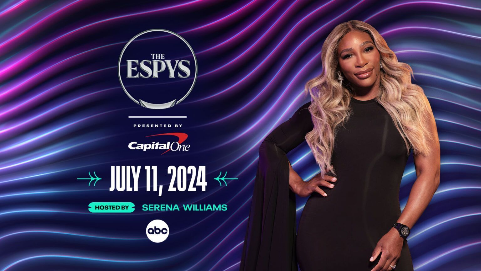 ESPYs promo with a woman in a black dress on a purple wave background, July 11, 2024, at Dolby Theatre