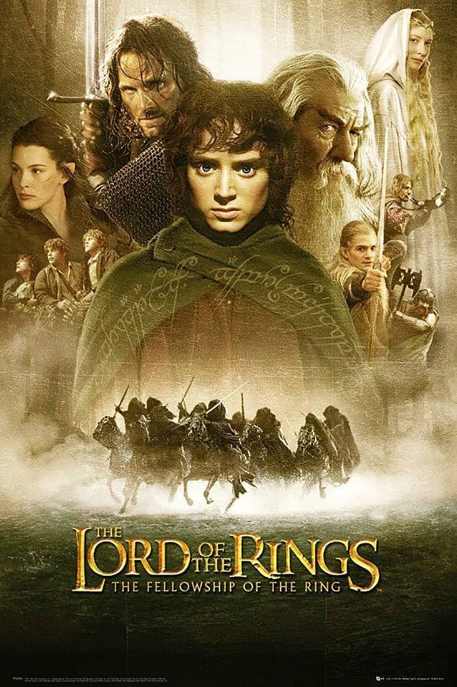 The Lord of the Rings: The Fellowship of the Ring movie poster with Frodo and the fellowship montage