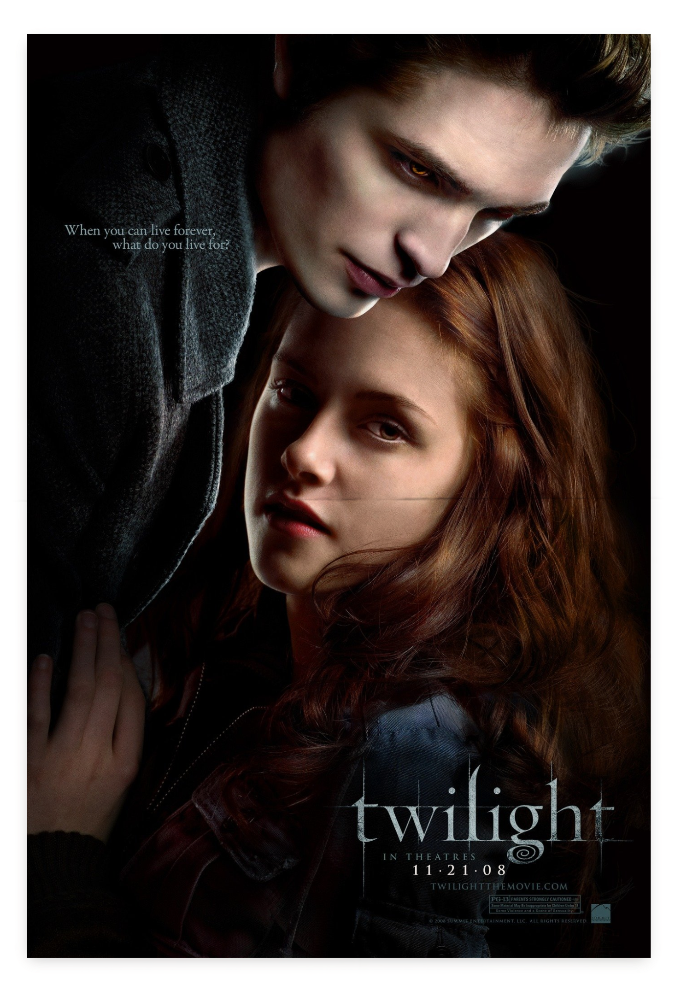 Twilight movie poster showing a pale man leaning protectively over a woman, with the title at the bottom.
