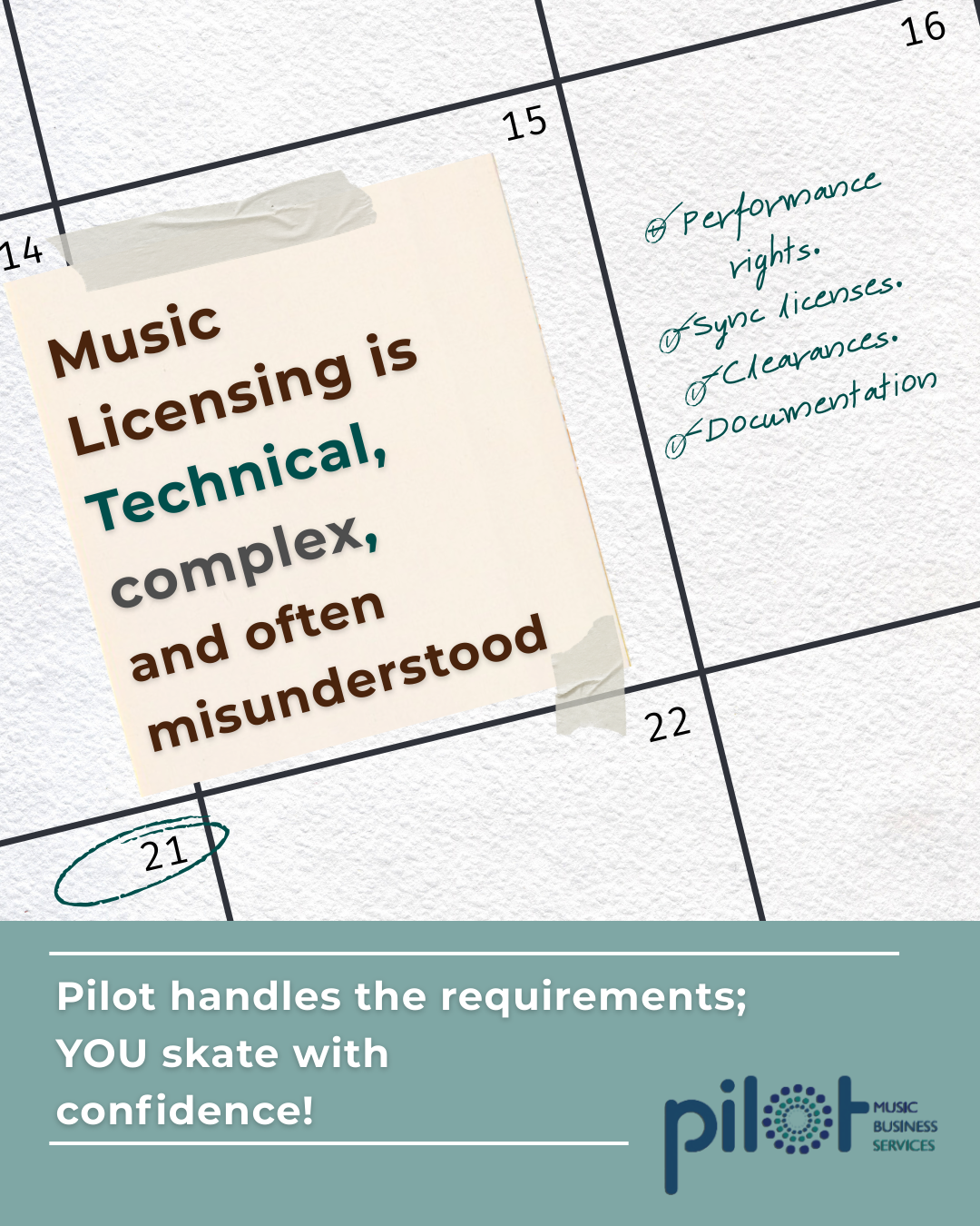 Calendar page with sticky note: “Music licensing is technical, complex, and often misunderstood.”