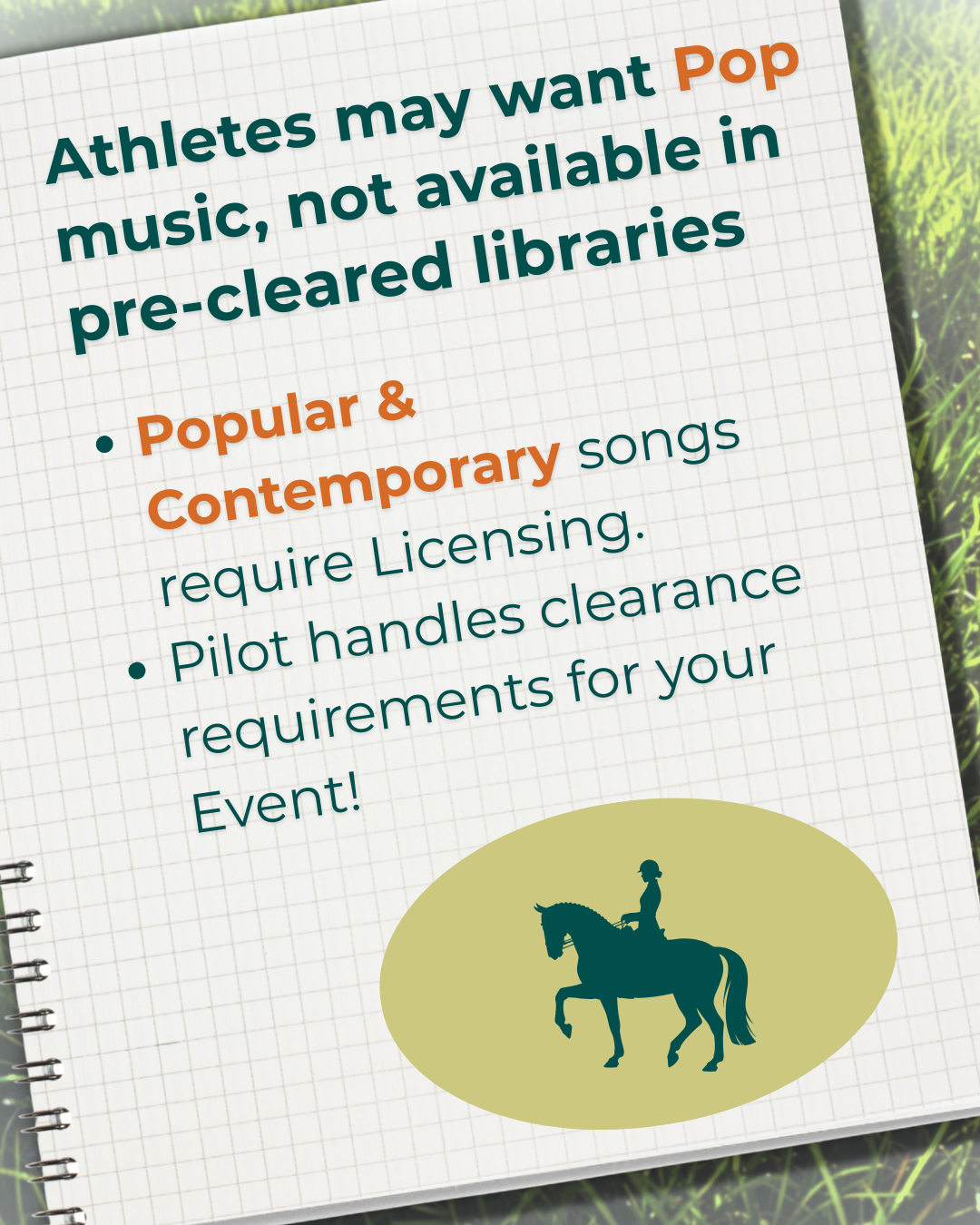 Flyer about music licensing for athletics, with a teal horse-and-rider icon on a yellow oval.