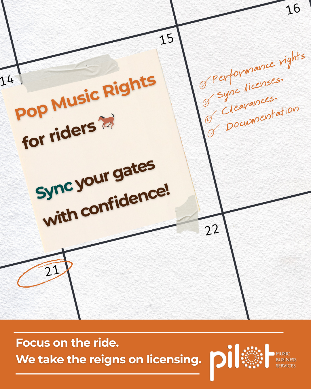 Calendar page with a note promoting music rights licensing for riders, in orange and black.