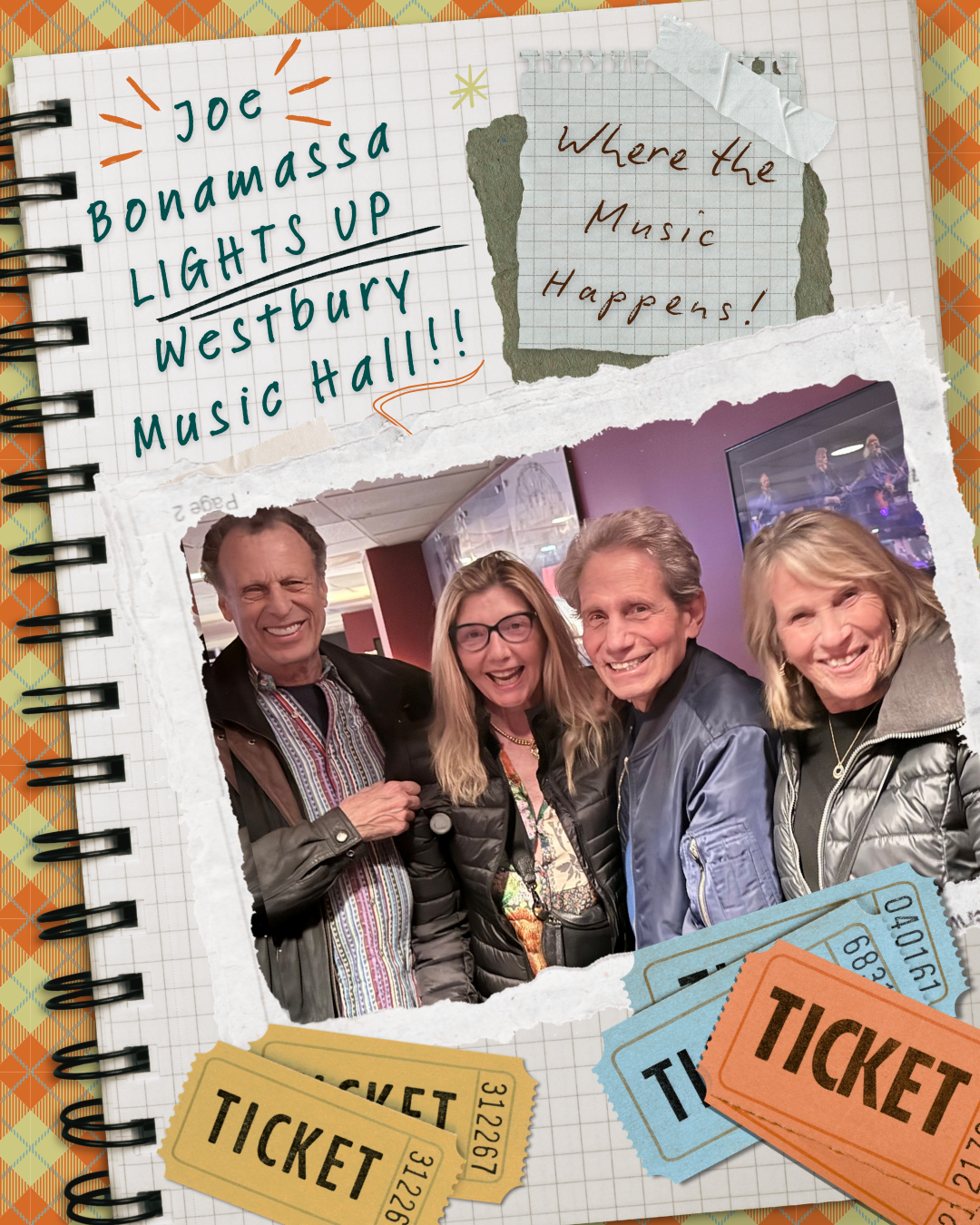 Four smiling people at a concert collage with tickets and notes for Joe Bonamassa at Westbury Music Hall