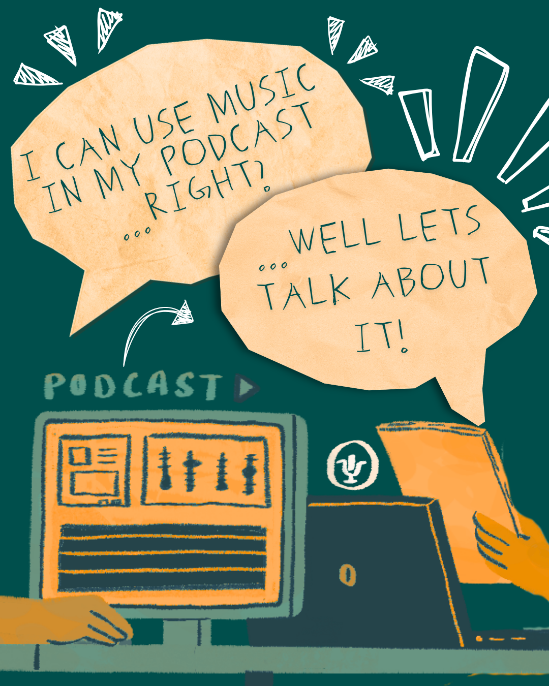 Podcast illustration with laptop and speech bubbles about music rights and talking about them